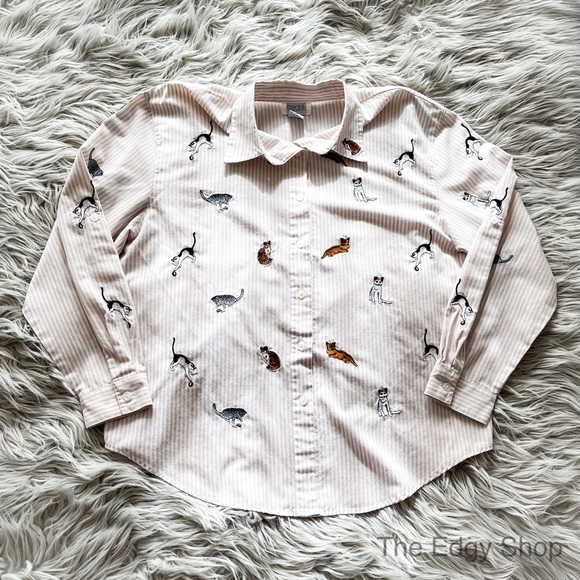 Vintage Tops - Teddi | Vintage Embroidered Cats Striped Button Down Shirt